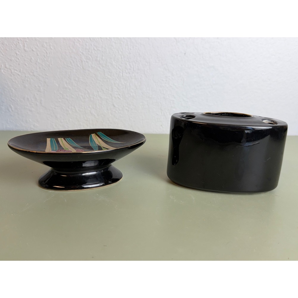 Japan Ceramic Vanity Set 80's Black Excellent Iris Floral MCM Zen Decor